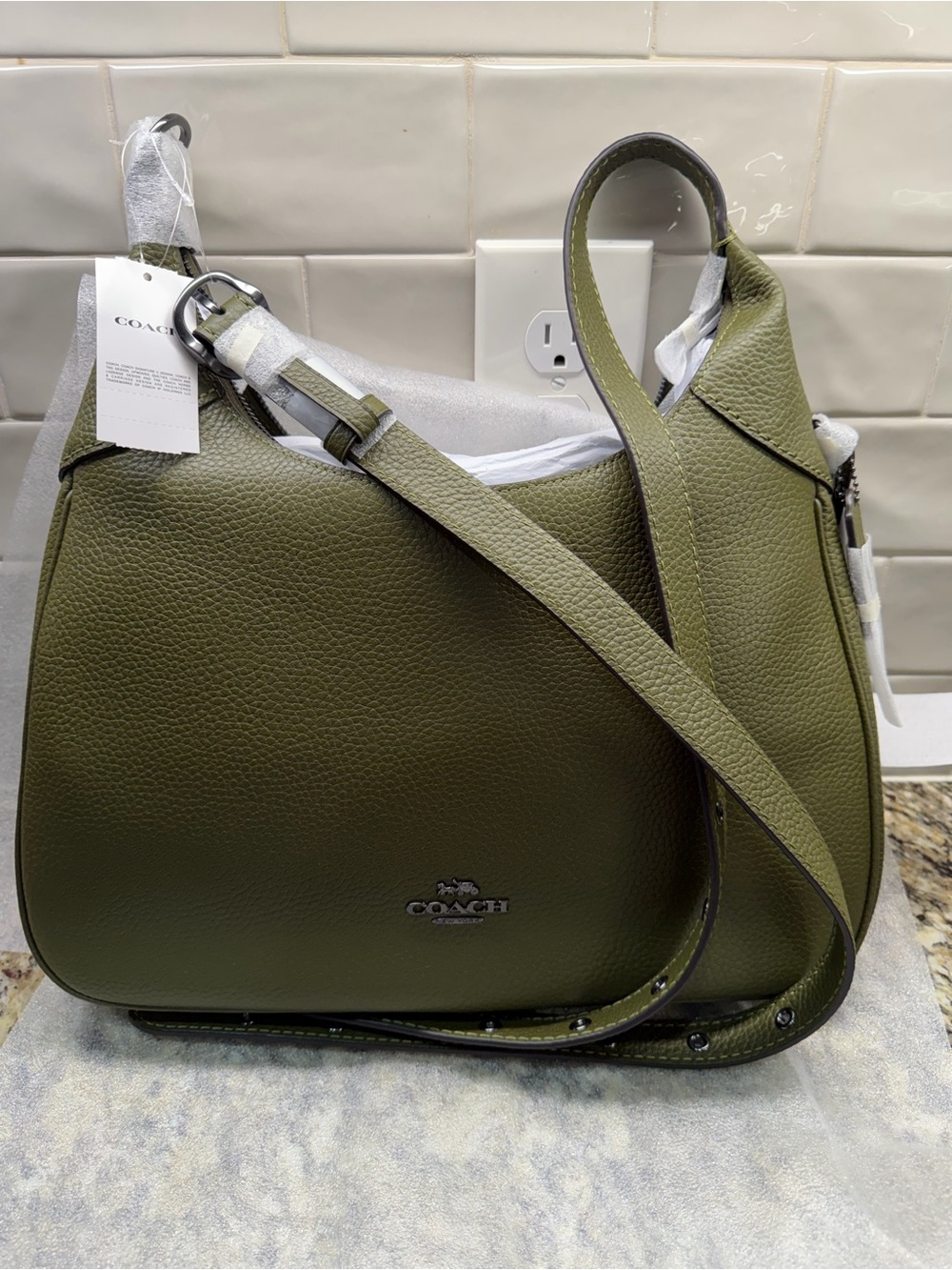 Coach Olive Green Pebbled Leather Shoulder Bag with Adjustable Strap
